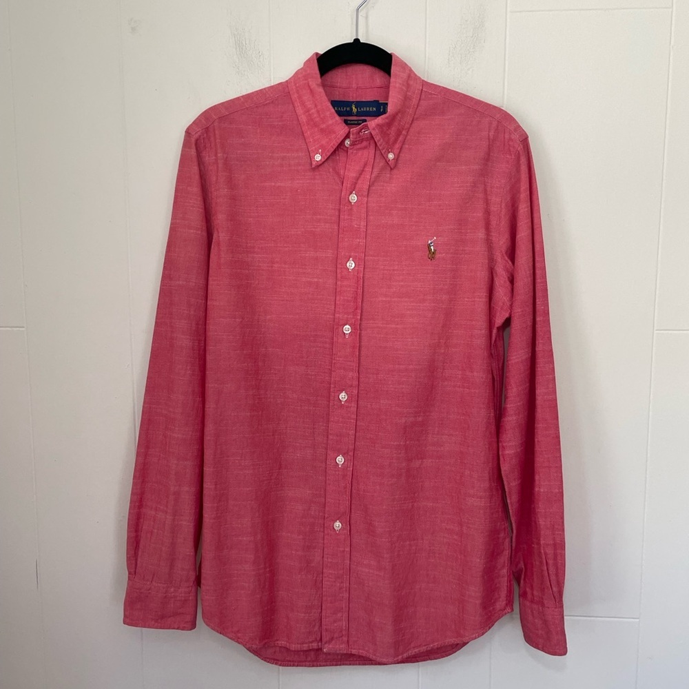 Ralph Lauren Long Sleeve Button Up Shirt Red Cotton Collared Men’s Size S
